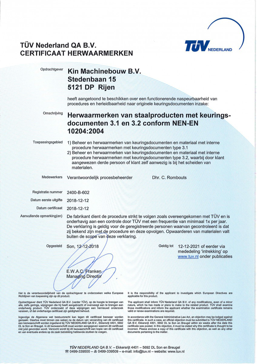 Certificatie | KIN Machinebouw B.V.